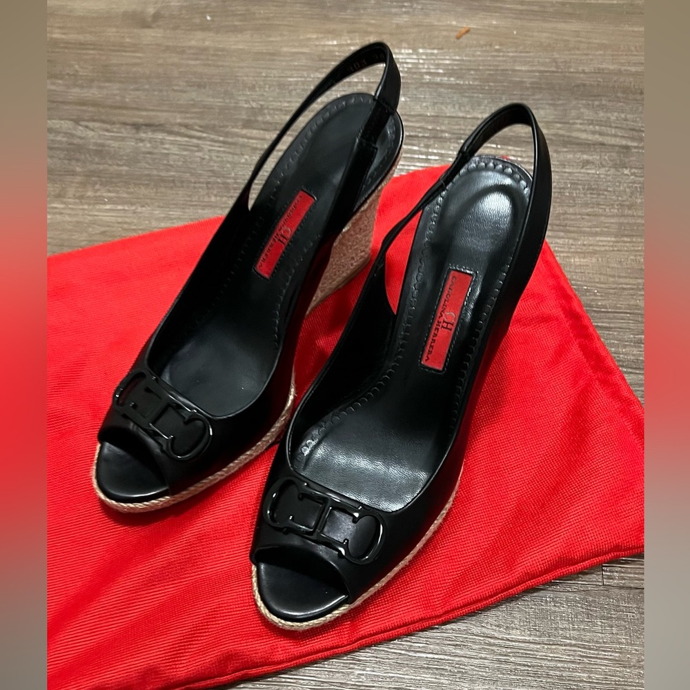 Carolina Herrera Black Peep-Toe Slingback Wedge Sandals